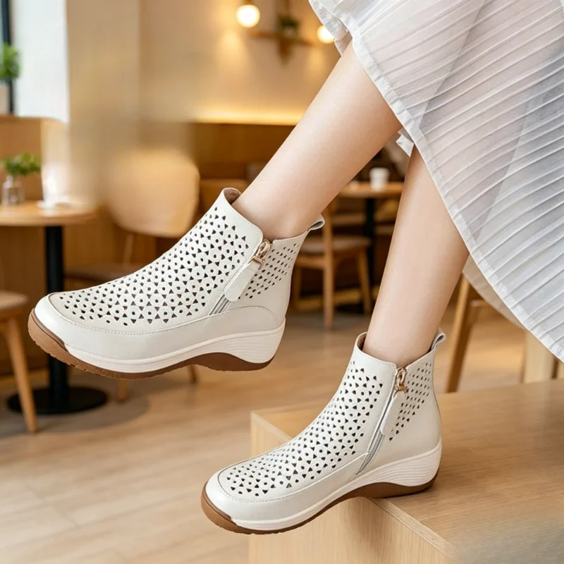 Botines de cuña transpirables con recortes de verano, zapatos de cuero suave con suela blanda y recortes, calzado versátil para mujer apto para pies anchos