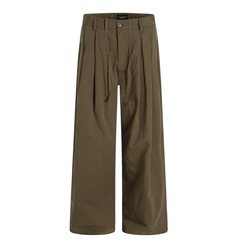 Pleated Vintage American Straight Trousers For Men Women Loose Wide Leg Drawstring Waist Washed Cotton Casual Pants TVJK