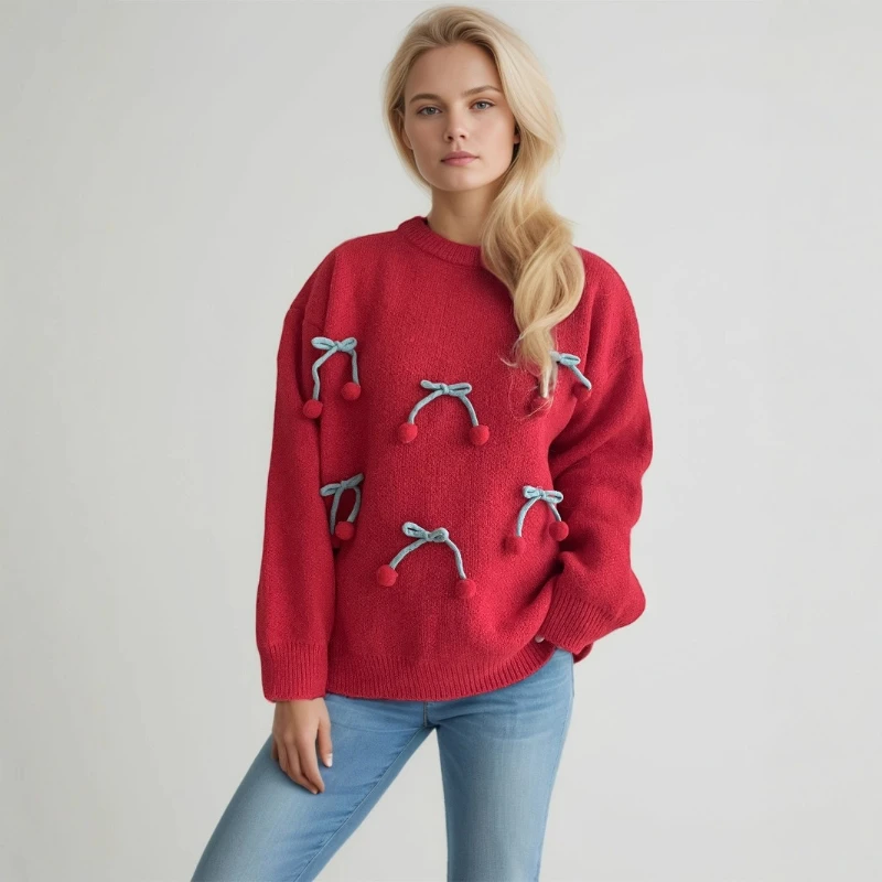 

2025 Autumn/Winter New Solid Color Cherry Cute Bow Knitted Thick Warm Sweater for Women