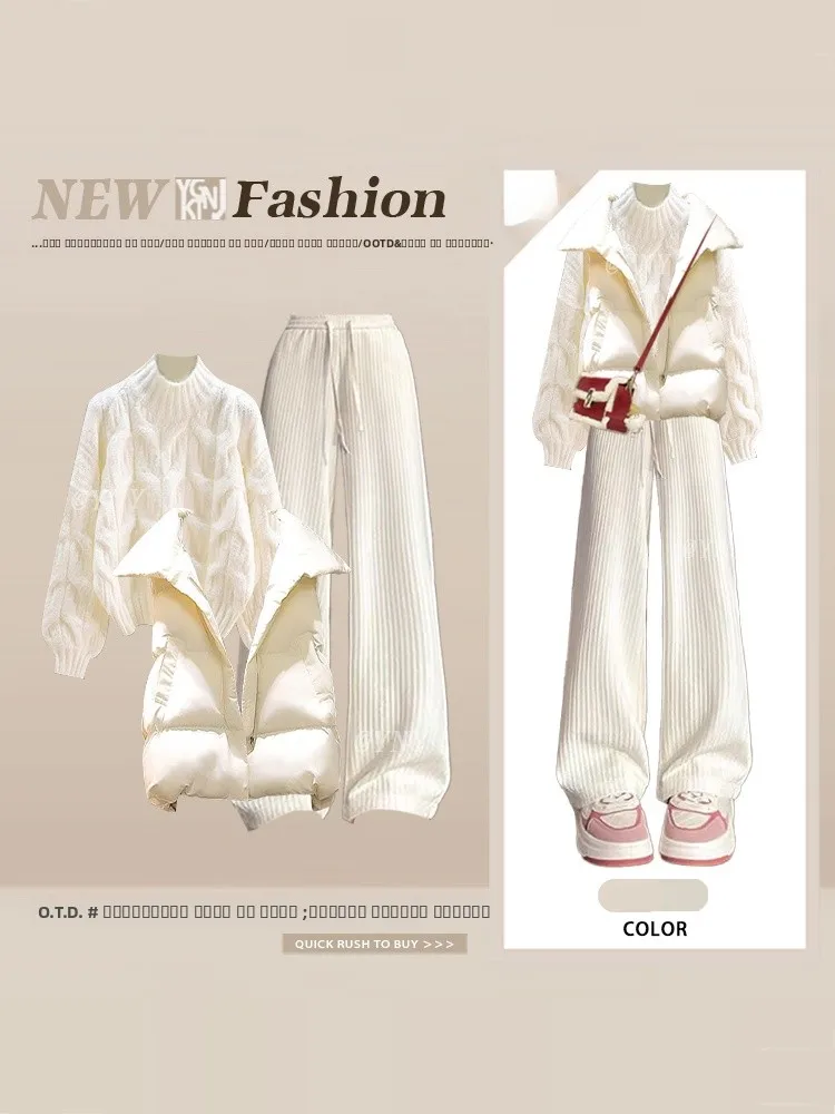 

Зимний вязаный тюнет с высоким воротником, жилет, топ, широкие брюки, комплект футболок, корейский повседневный комплект, высокое качество, женская мода