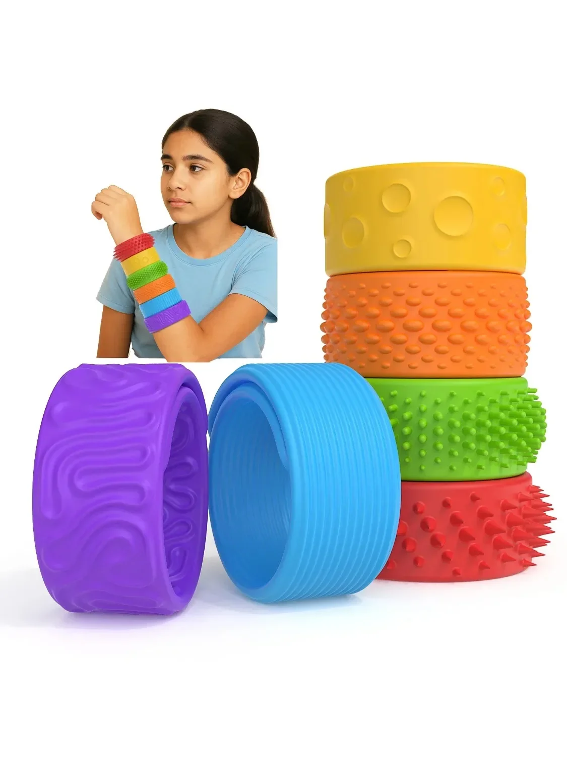 Sensory Fidget Toys Slap Bracelets for Kids, Textured 6 Pack, Stress Fidgets for Anxiety Autism ADHD, Wearable Sensory Toys