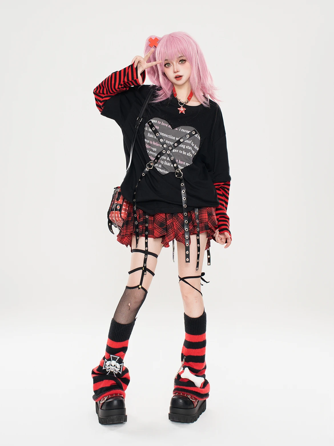 Kaus Longgar Lengan Pendek Gambar Cetak Hati Gesper PU Subkultur Harajuku Jepang Atasan Rok Sambungan Kotak-kotak Set Dua Potong Wanita