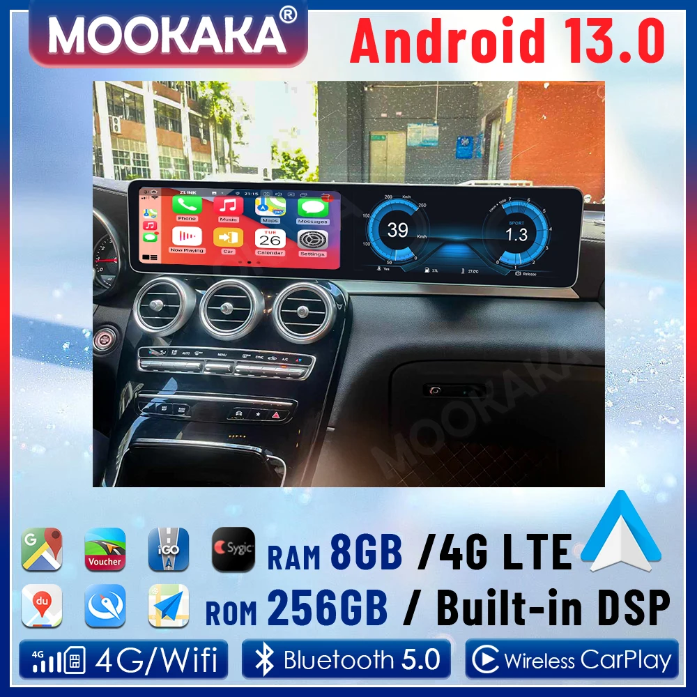 for Mercedes Benz GLC / C Class 2015 - 2024 Android 13 Carplay Car Radio Stereo Multimedia Navigation Dual 12.3Inch Touch Screen