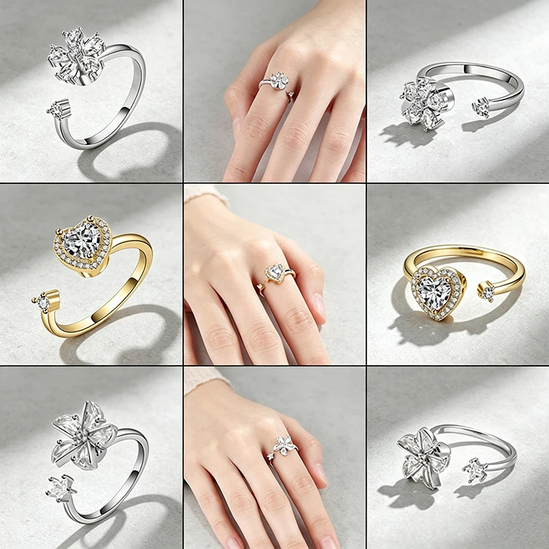 Elegant Anti Stress Crystal Flower Spinner Ring Relief Fidget Anxiety Heart Jewelry Ladies Wedding Anniversary Rings Rotate Gift