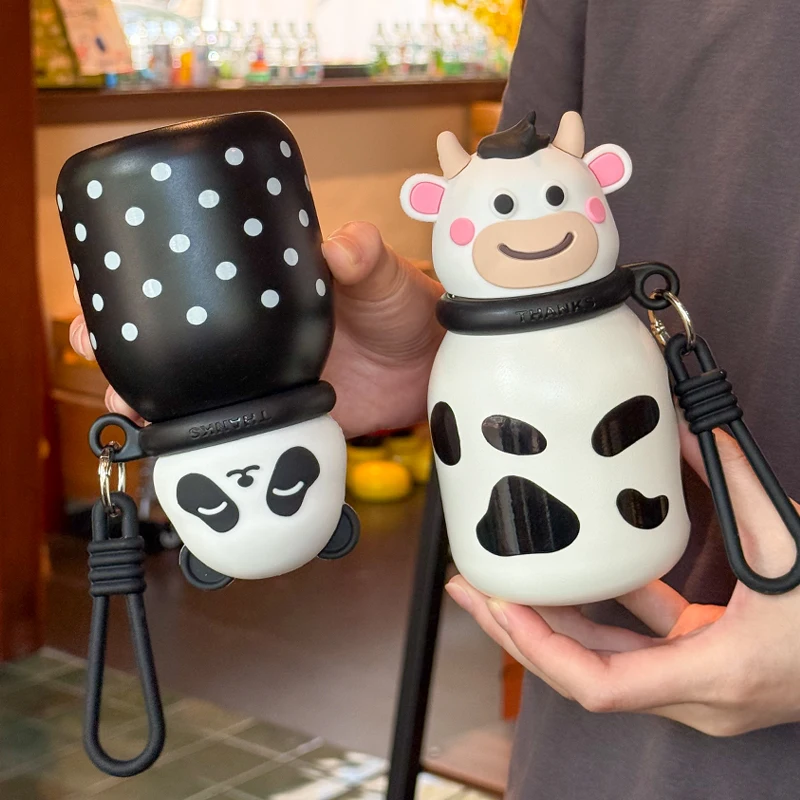 1pc Cute animal Insulated Cup, 300ml Compact stainless steel insulated cup with handle rope, portable travel cup