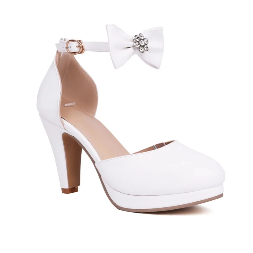 

Женские босоножки на платформе с высоким каблуком, размеры 34-48, с круглым носком, ремешком на щиколотке, бантом и стразами, элегантные туфли для вечеринок V-21