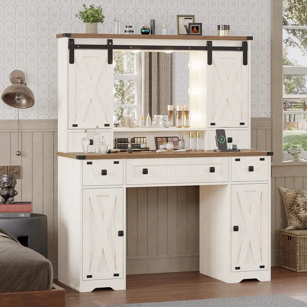 Farmhouse Makeup Vanity Desk with Lighted Mirror amp Power Strips, Vanity Table with Sliding Barn Door Hidden Shelves amp 5 Dra