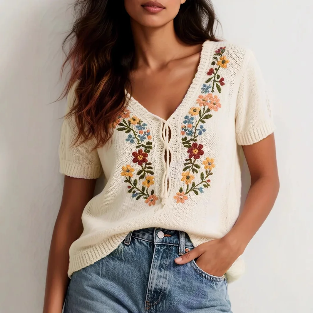

Pullover Sweater Women Embroidery Knitted Top V Neck Short Sleeve Jumpers Spring Summer Knit T Shirt Office Lady Knitwear 2026