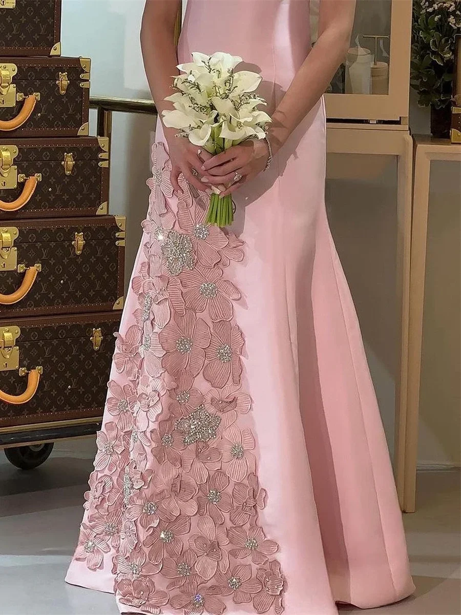 Oisslec Scoop فساتين السهرة Neck Sheath Beads 3D Flowers Satin Formal Occasion Evening Gown Arab Saudi فستان حفلة موسيقية