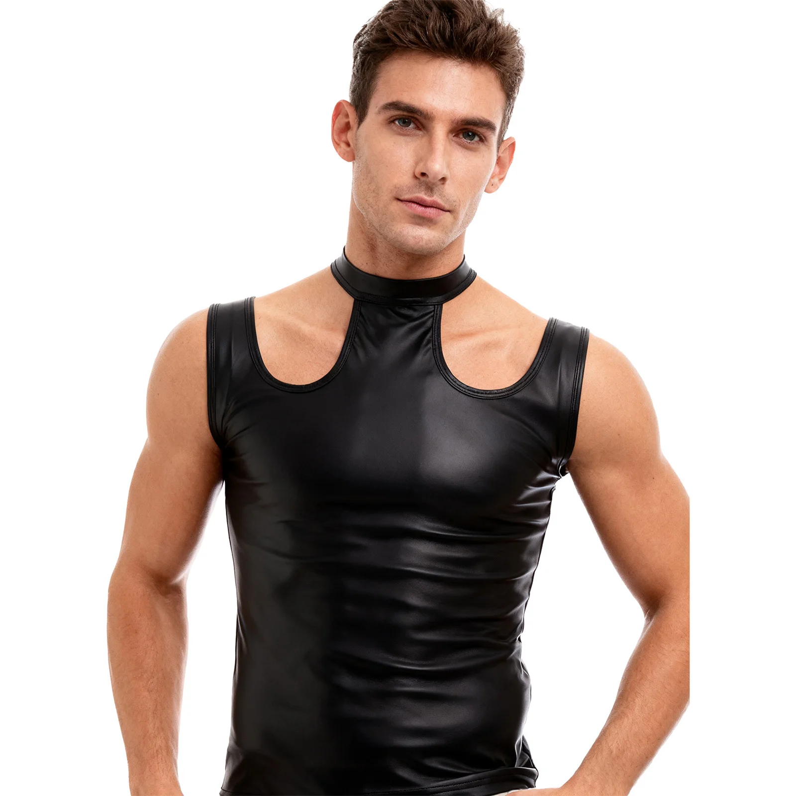 

Mens Matte PU Leather Tank Top Sleeveless Shoulder Cut-out Halter Vest Singlets Slim Fit Tops for Pole Dance Party Raves Bar
