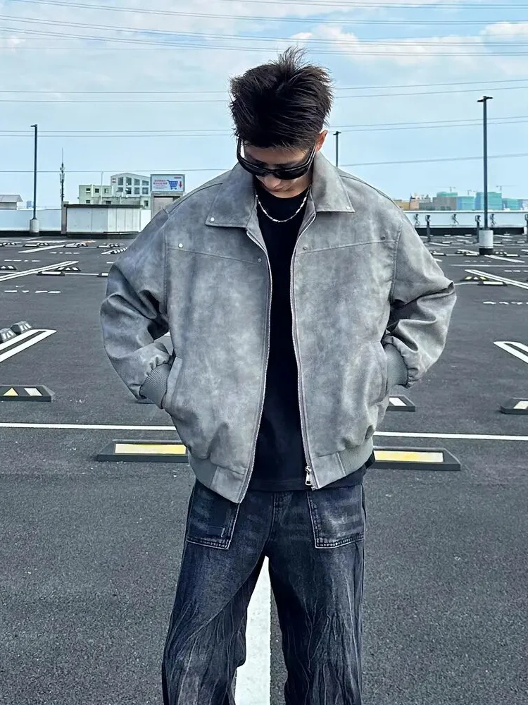 

Loose Fit American Retro Baseball Jaet PU Leather Collar Zipper Closure Men's Outerwear Versatile Spring Autumn New Sle C...