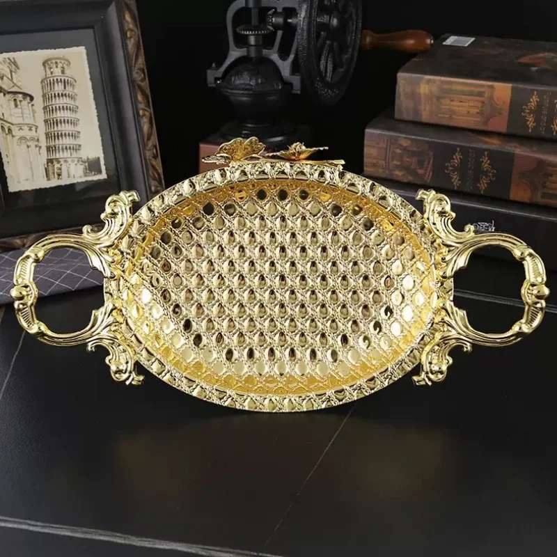 European Vintage Iron Art Metal Fruit Tray Gold round Serving Plate Home Living Room Decor Kitchen Storage Dish view 4
