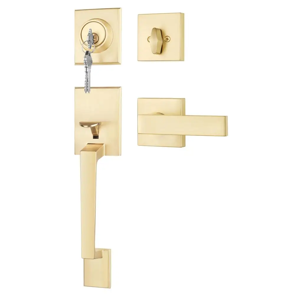 Gold Entry Door Handle and Deadbolt Set Modern Reversible Lever Hardware Adjustable Latch Zinc Alloy Stainless Steel Dual Way