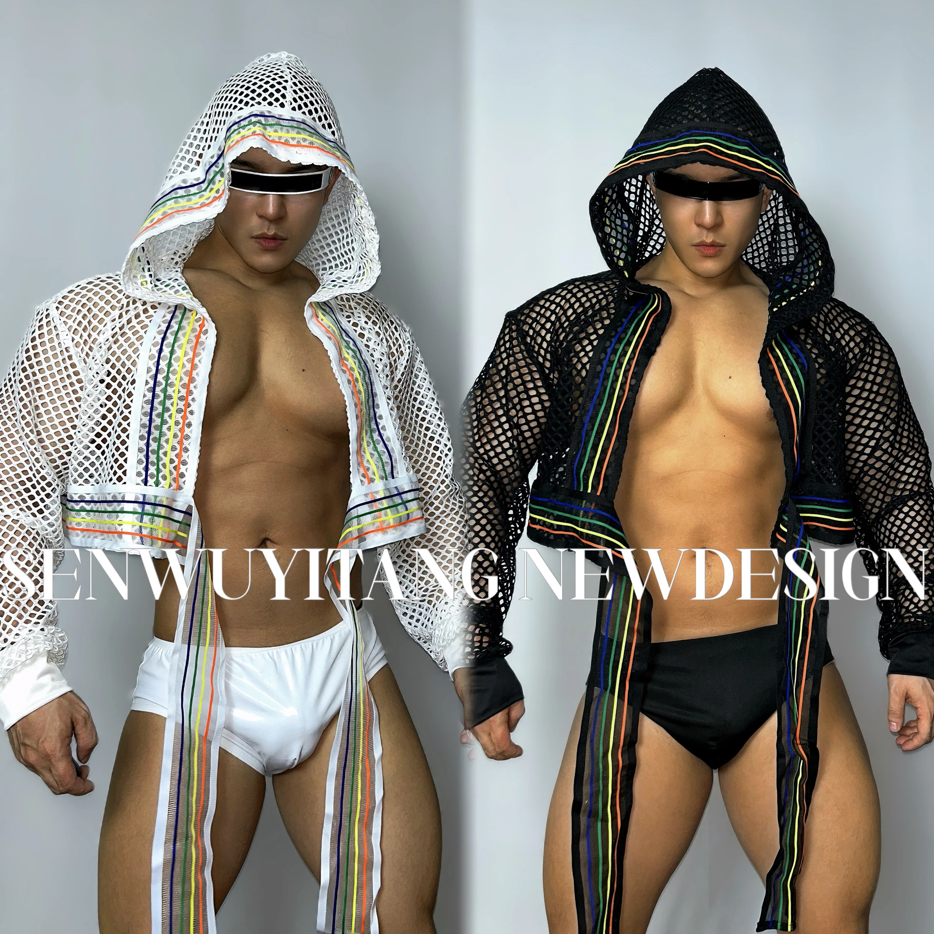 

Nightclub Bar Men And Women DJ Singer Muscle Rainbow Mesh Hip-hop Perspective Coat Dance Team Dance Performance Costumes