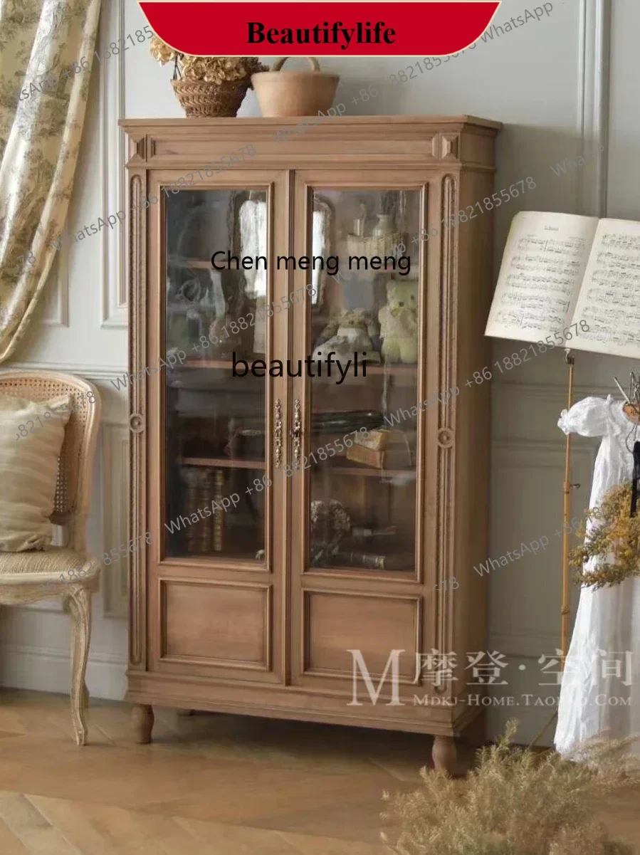 

D178 Y American solid wood bookcase bookshelf French retro old glass dining side wine cabinet oak storage display cabinet