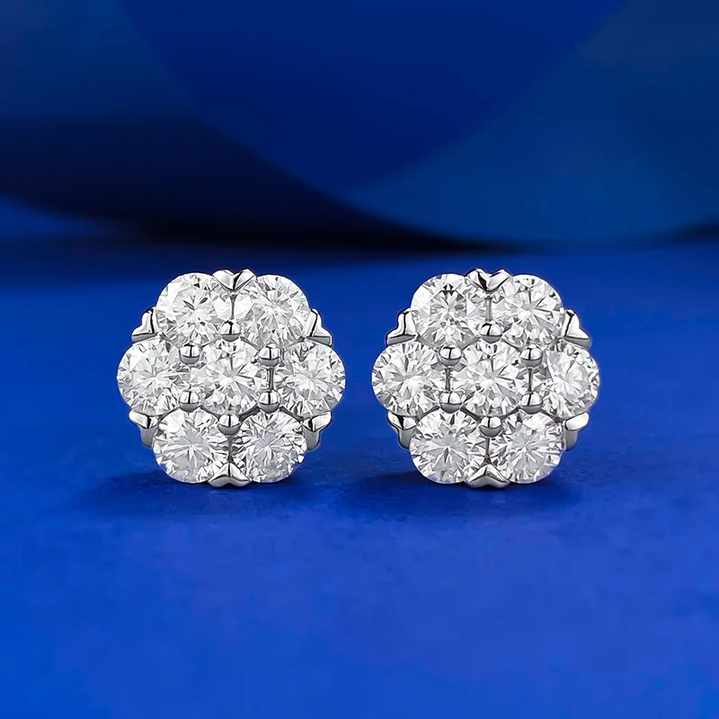 New European and American S925 Sterling Silver Moissanite Diamond Full Set Flower Earrings European and American Hip Hop