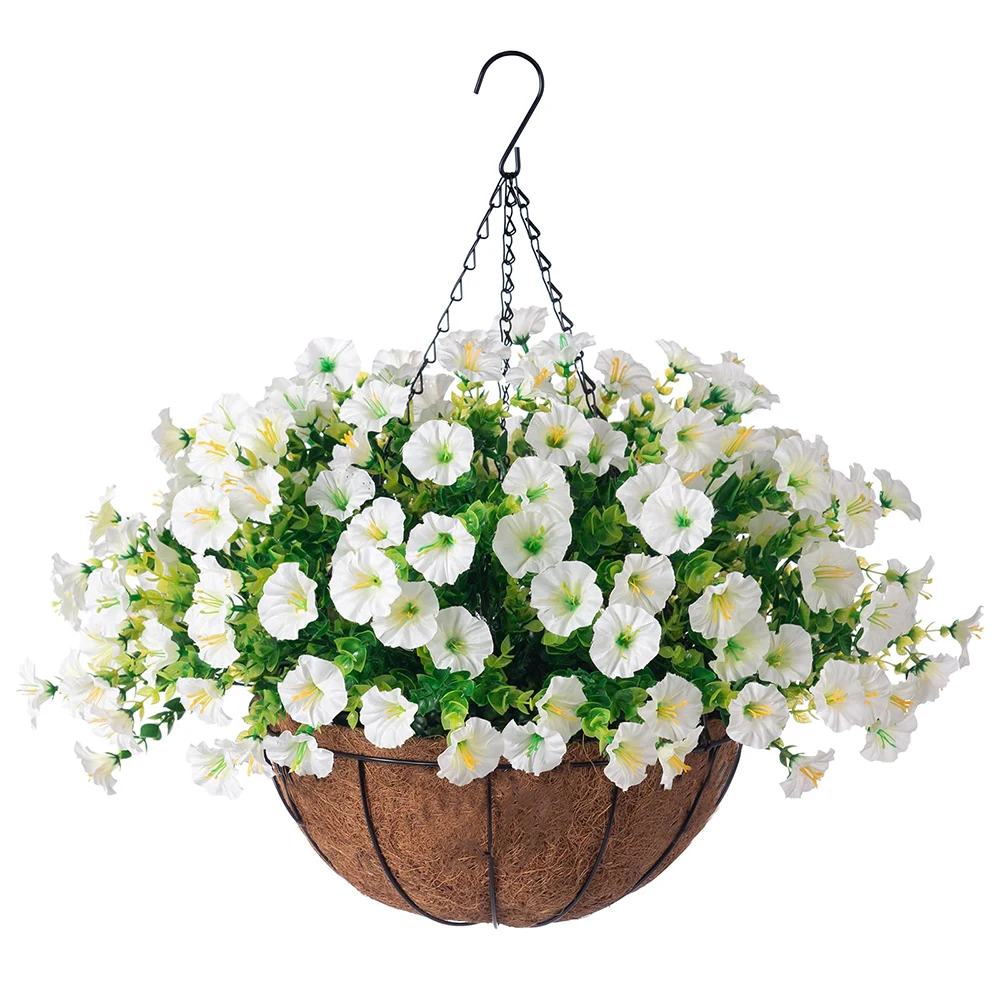 Kunstmatige hangende Morning Glory-bloemen met mandset buitenshuis UV-bestendige nepplanten voor muur huis tuin veranda tuin decor