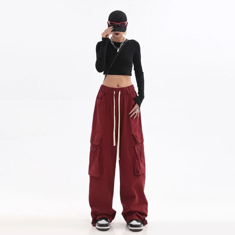 Pantaloni cargo rossi taglie forti da donna, streetwear vintage, hip hop, cinturino, elastico in vita, gambe larghe, Harajuku, casual, 2024