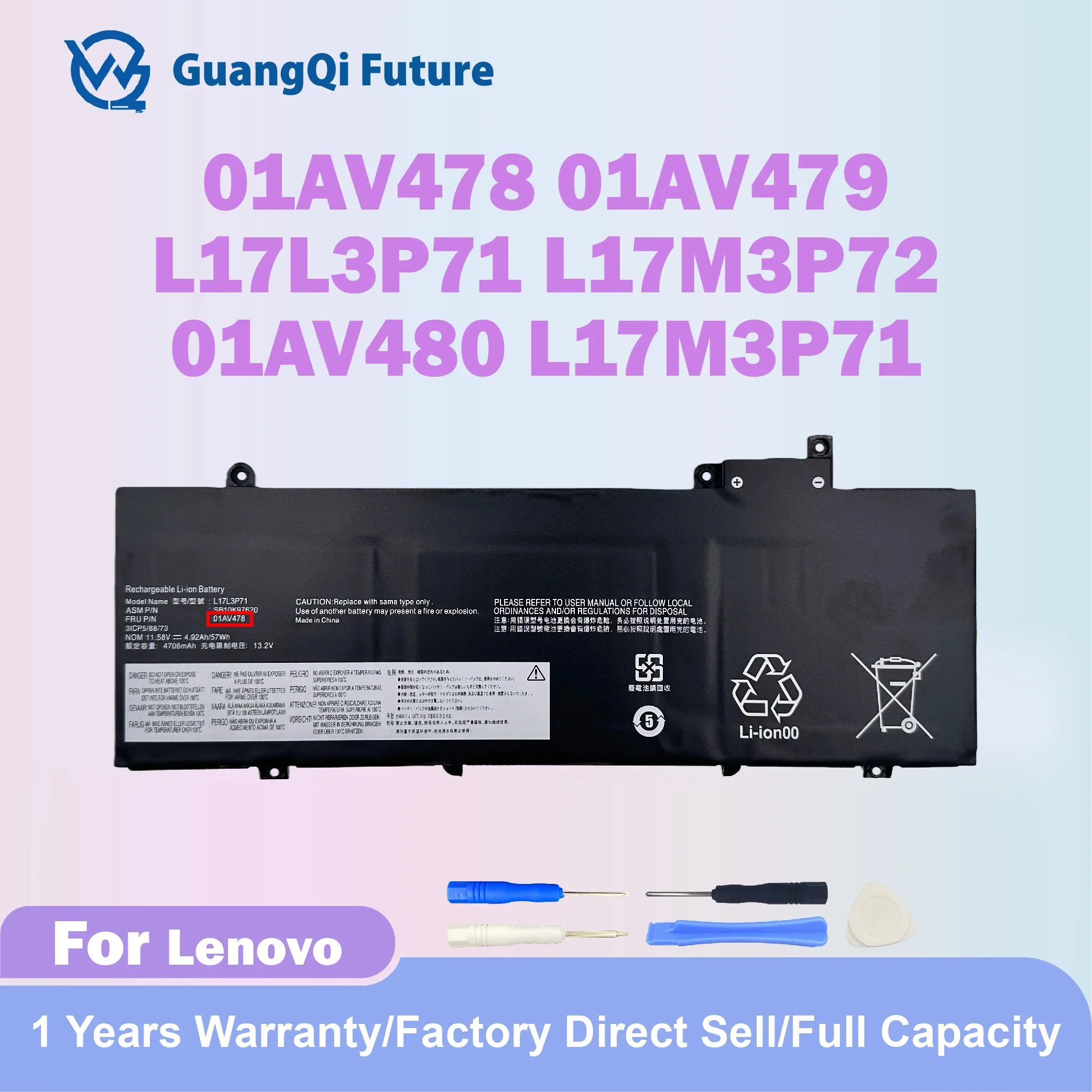 

01AV478 Laptop Battery Replace For Lenovo ThinkPad T480S Series 01AV479 L17L3P71 L17M3P72 01AV480 L17M3P71 01AV480 SB10K97620 SB