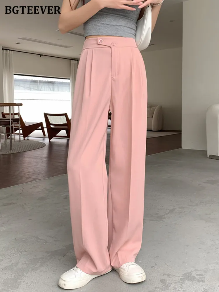 BGTEEVER Spring Summer High Waist Buttons Ladies Suit Pants Elegant Loose Pockets Long Wide Leg Trousers for Women