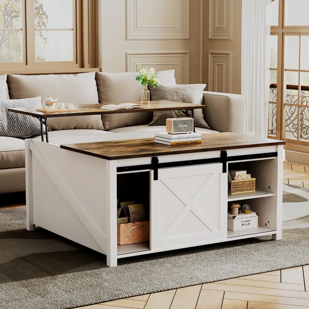 Mesa de centro elevatória com armazenamento, mesa de centro de fazenda com tampo elevatório para sala de estar, sala de estar de madeira branca rústica