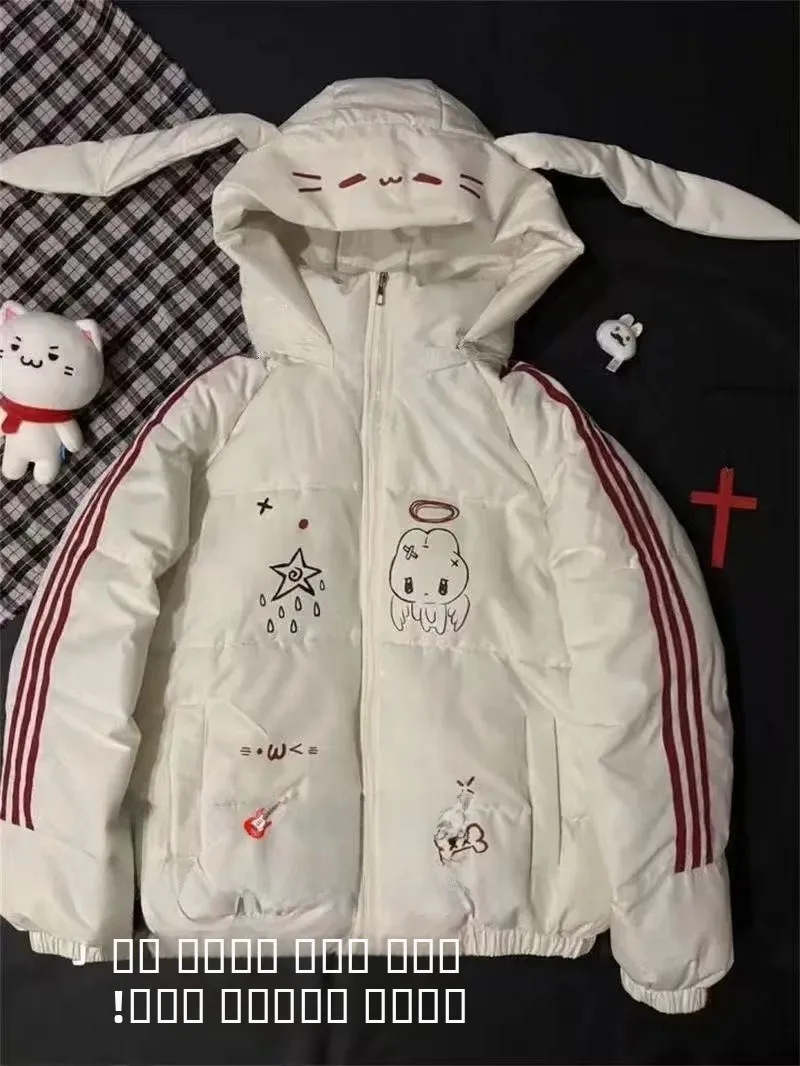 

Утепленная хлопковая куртка с капюшоном в стиле кроличьих ушек для женщин, зимняя модная полосатая хлопковая верхняя одежда