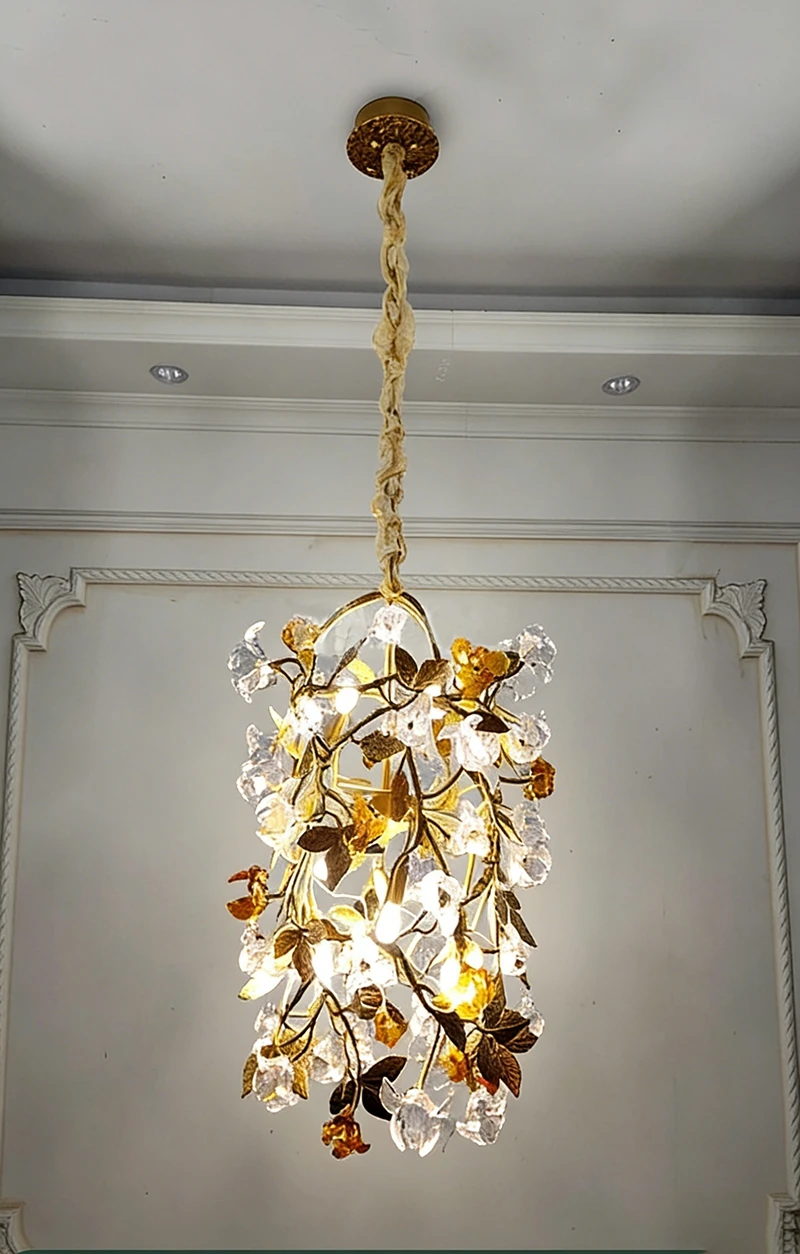 

French Style Luxury Copper Chandelier American Country Dining Room Light Villa Creative Cotton Flower Bedroom Entrance Lamp