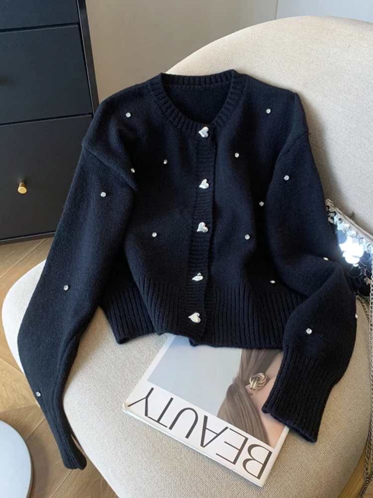 Jmprs Coreano Diamanti Cardigan Maglioni Donna Elegante Manica Lunga Rosso Cappotti Lavorati a Maglia Casual Dolce Allentato Femminile Amore Bottoni Magliette e camicette