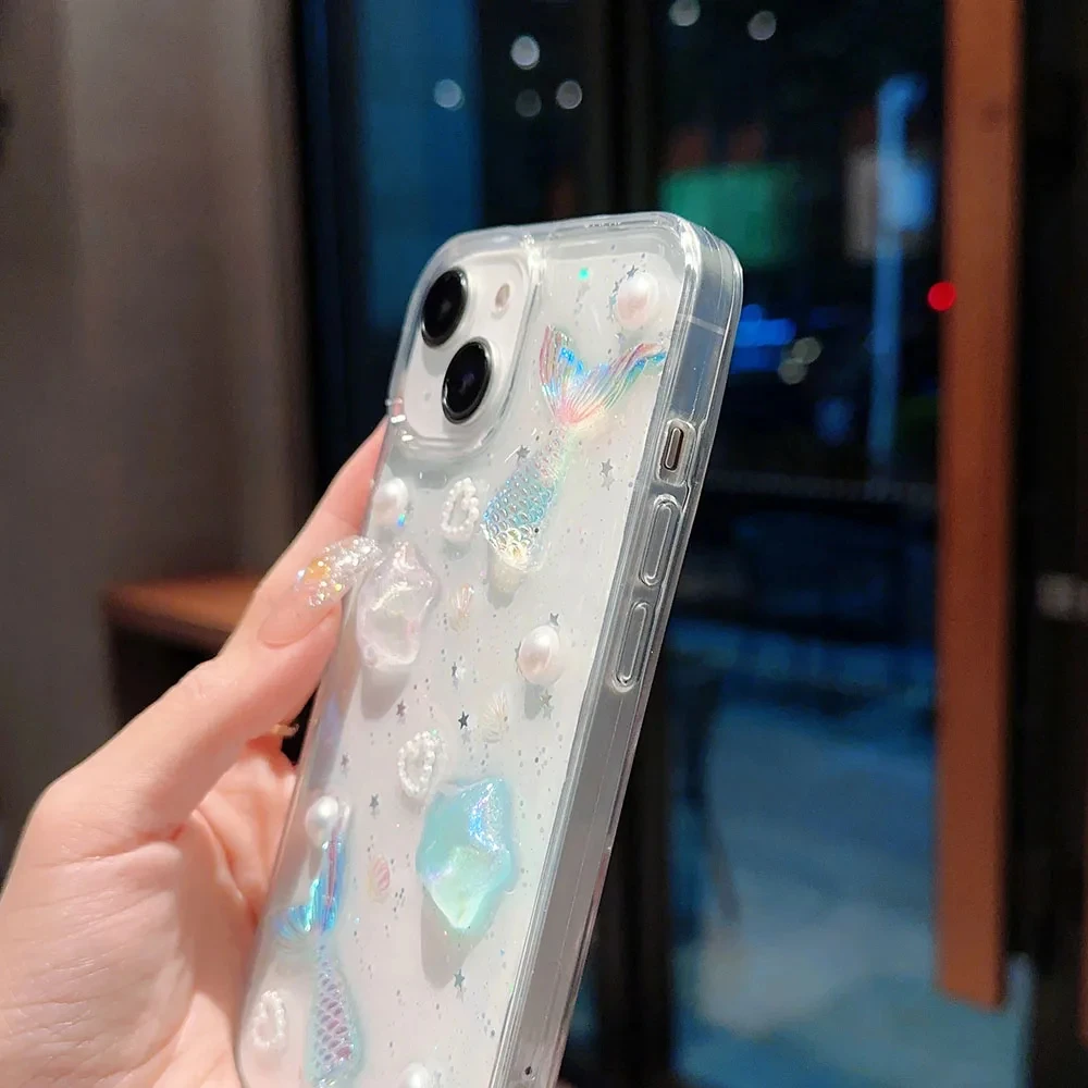 3D Epoxy Star Mermaid Fish Tail Case For iPhone 15 14 13 12 11 Pro Max XS XR  Plus Mini SE Clear Soft TPU Cover Skin