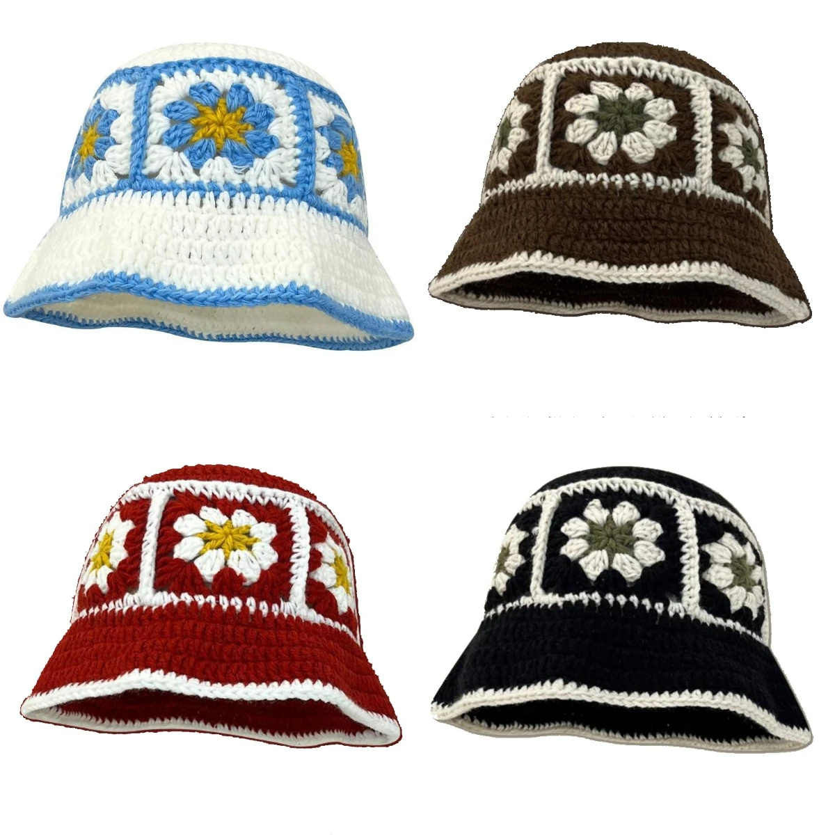 

Retro Hollow Out Basin Hat Bohemian Style Handmade Hook Flower Contrasting Color Knitted Hat Retro Hollowed Out Bucket Hat