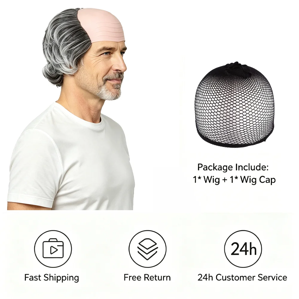 Comedy Black Bald Head Wig for Men Curly Old Man Wig Funny Halloween Costume Wig For Party Prank Cosplay Daily Fun One Size