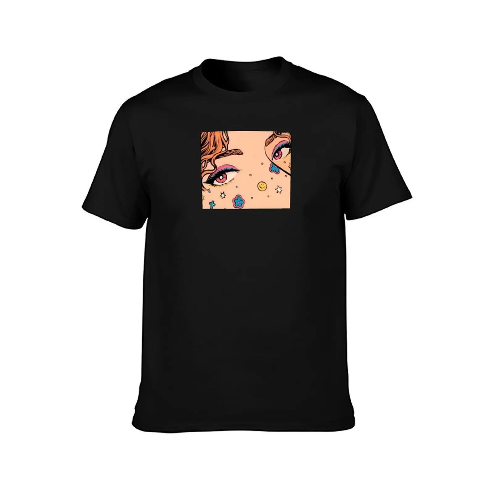Pop Art Girl With Pink And Blue Eyes T-Shirt Basic Solid Tee for Daily Use