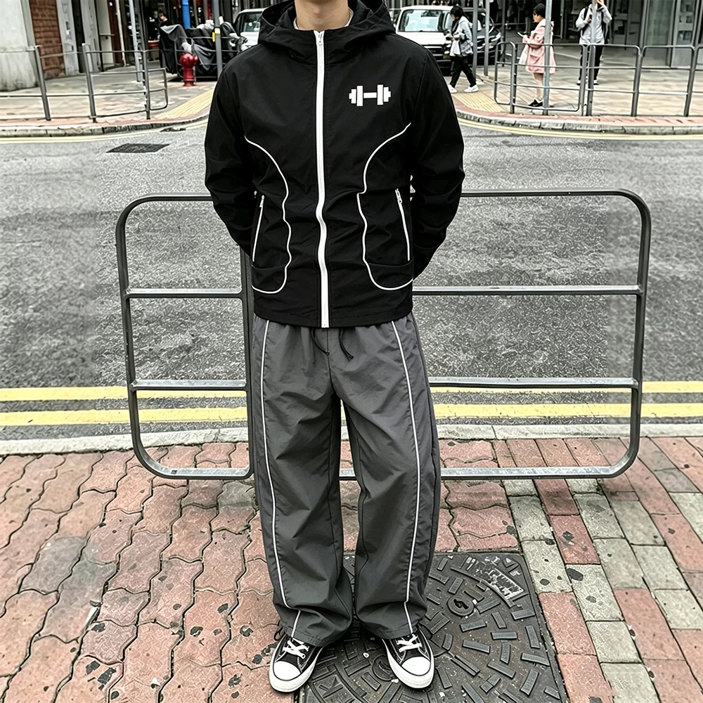 Workout Fitness Mens Tracksuit Stripe Hooded Jacket Geometric Dumbbell Print Drawstring Hem Trousers Casual Running 2 Pcs view 3