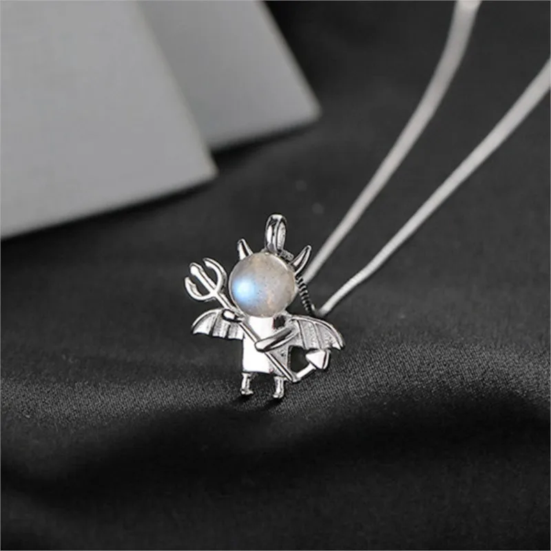 

Новое ожерелье из стерлингового серебра 925 пробы с лунным камнем и кристаллами, в стиле «Маленький дьявол», для женщин и девушек, милый сказочный дизайн, цепочка на ключицу XL164