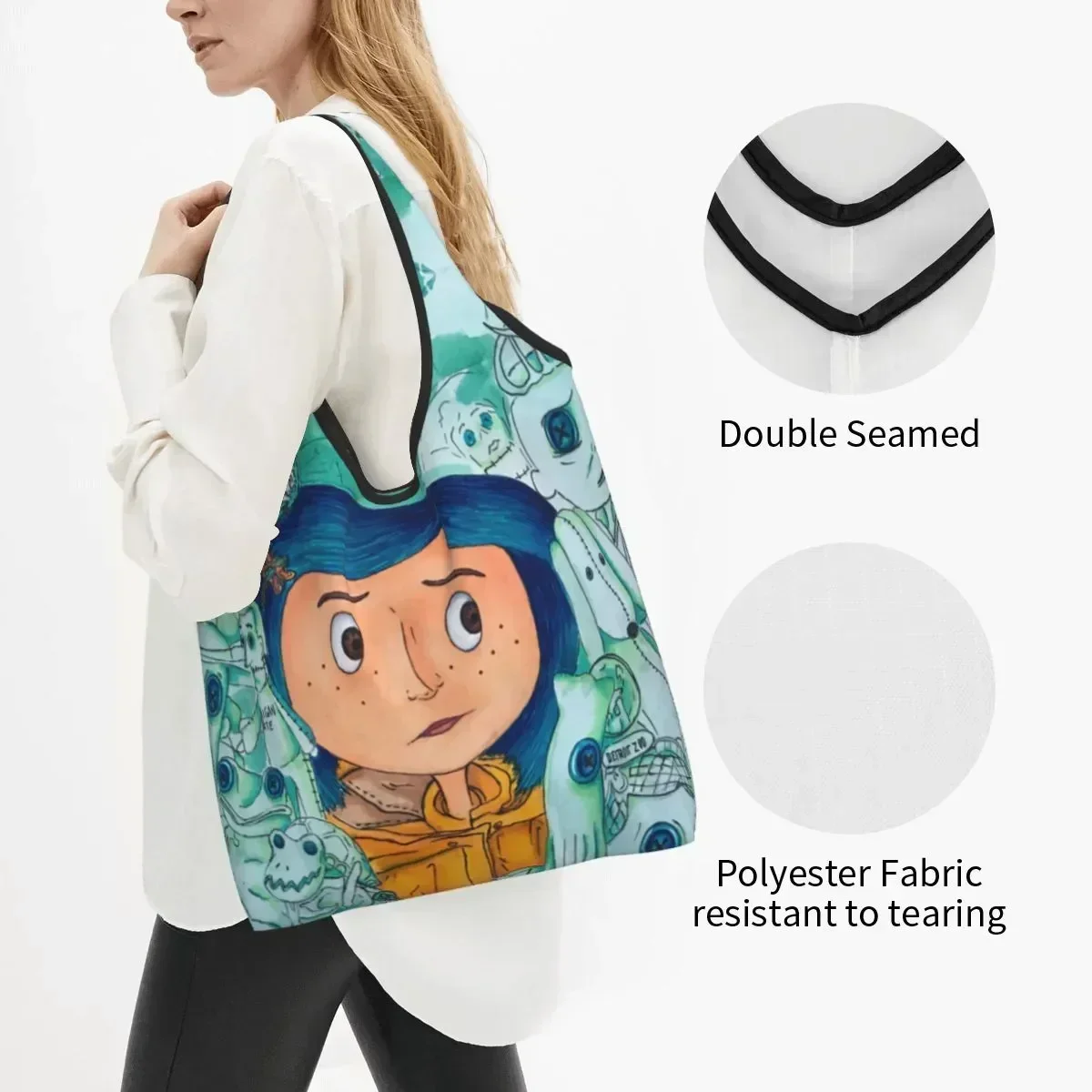 Kawaii Print Horror Halloween Movie Coraline Tote Shopping Bag Portable Shopper Shoulder Handbag