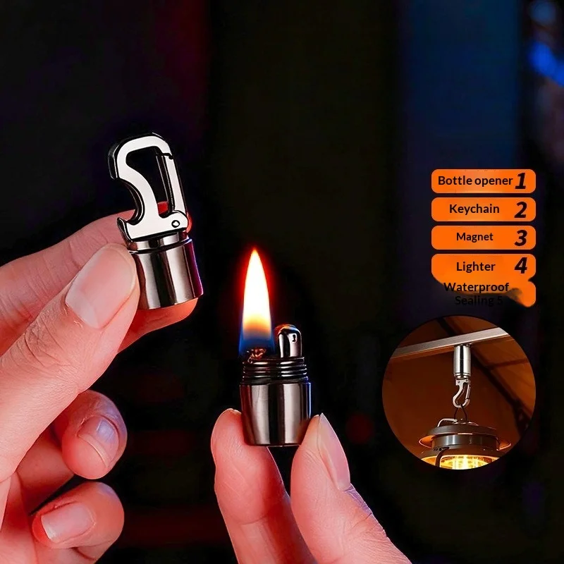 Mini Keychain Kerosine Lighter Waterproof Magnetic Tape Bottle Opener Multi functional Grinding Wheel Open Flame Pendant Lighter