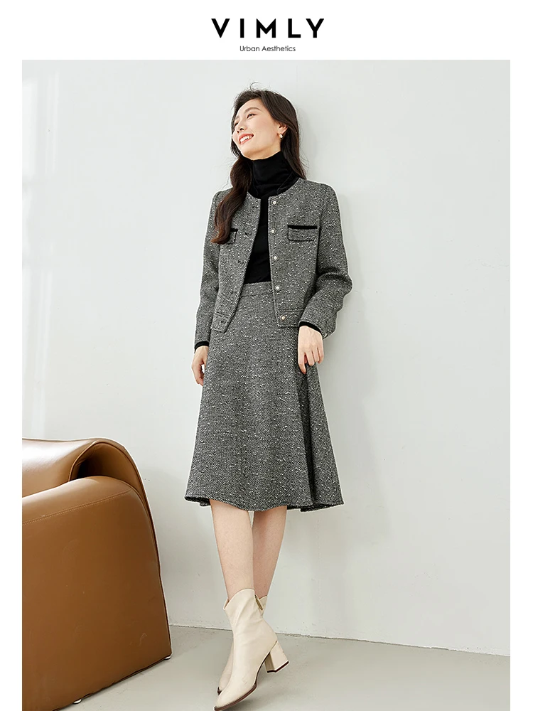 Vimly Spring Outfits Tweed Sets 2 Piece Skirt Suits Women 2024 Long Sleeve Jacket A-line Midi Skirt New in Matching Sets M3322