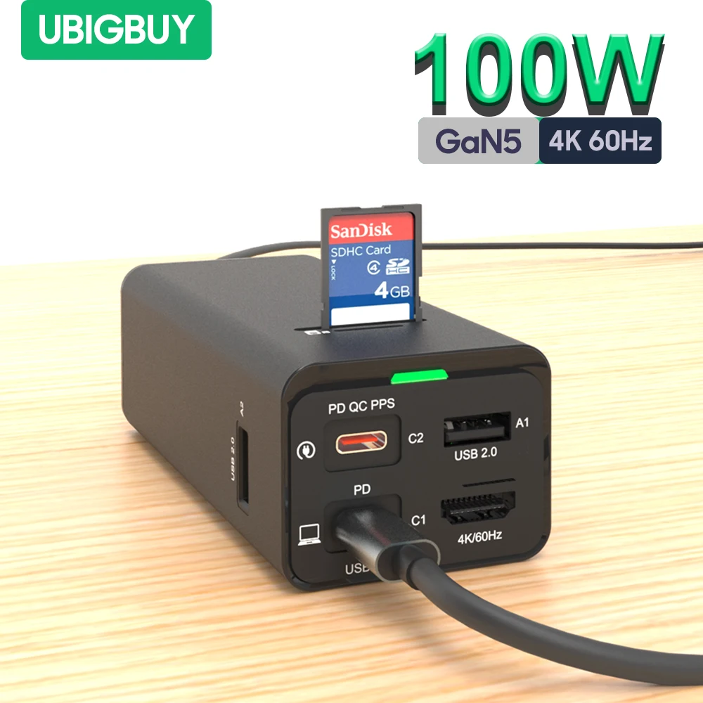 Ubigbuy 100W USB C Charging Station GaN5 Charger Hub with 2USB-C 1HDMI 3USB-A, Wall Charger for MacBook iPhone Steam Deck Switch