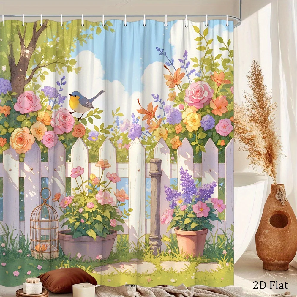 1pc Shower Curtain Bathroom Decor White Picket Fence with  and Purple Roses and a  Bird in a Charming Garden 12 Hooks 70x70inch