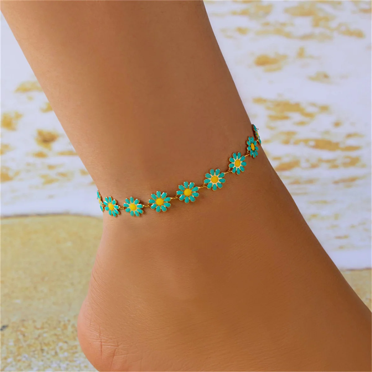 Sweet Daisy Flower Anklets For Women Colorful Sunflower Sandals Barefoot Ankle Bracelet Summer Beach Floral Foot Chain Jewelry