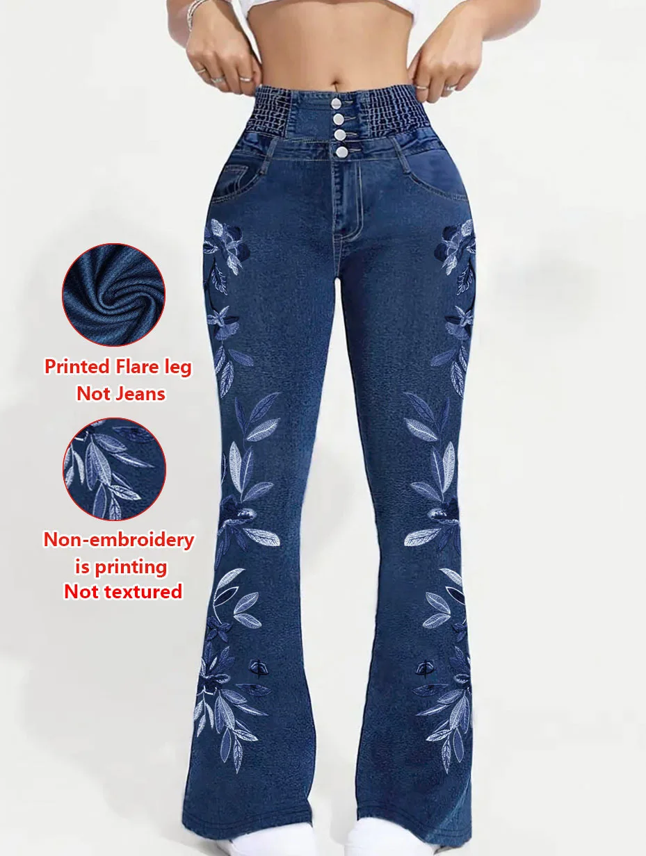 1271  Ladies' Non-Suede 2D Printed Embroidery Effect Bell Bottoms - Non-Leather Fabric Long Pants for All Seasons