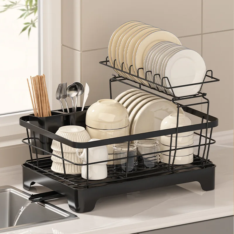 المنزل وعاء من الصلب الكربوني ولوحة استنزاف رف المطبخ تخزين الرف طبقة مزدوجة وعاء وألواح تجفيف مع حامل أواني