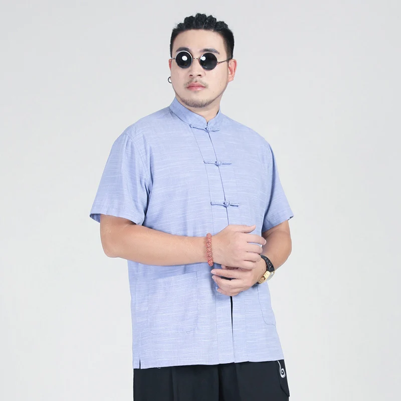 Tangpak Button-down overhemd met korte mouwen voor heren met dikke grote maat Chinese stijl losse retro linnen overhemden heren