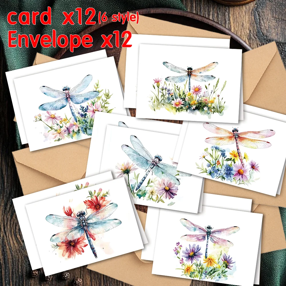 Ensemble de cartes de vœux avec Illustration aquarelle, 24 pièces, avec enveloppes, thème libellule et Floral, cartes d'invitation DIY, amusant et multifonctionnel