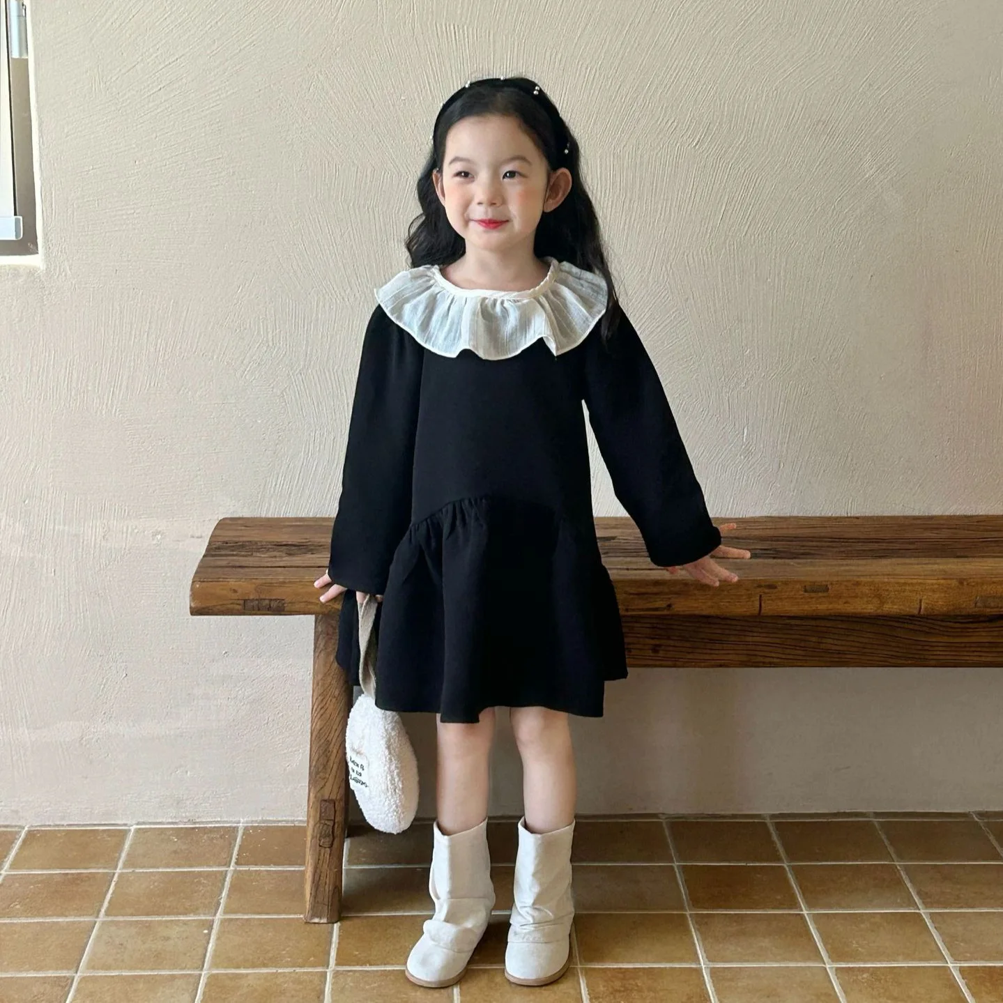 

2024 Autumn New Children's Clothing Korean Children's Clothing Girls Solid Color Long-sleeved Dress Autumn Children's Skirt