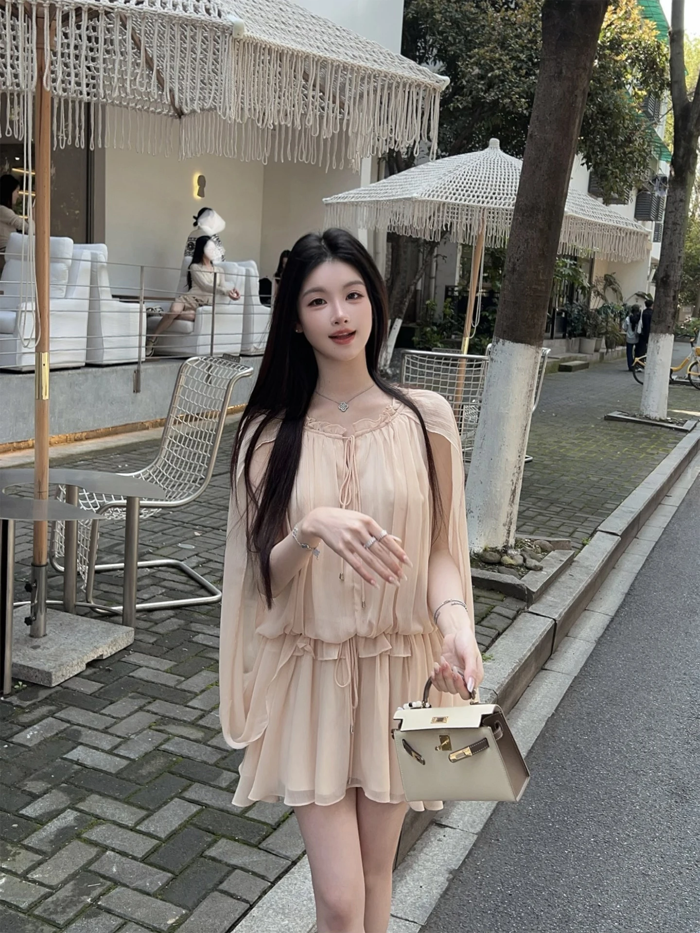 

Летнее новое розовое шифоновое платье FairyJiang с кружевной отделкой и поясом, короткое, А-силуэт, свободного кроя, повседневное, с круглым вырезом, длинными рукавами