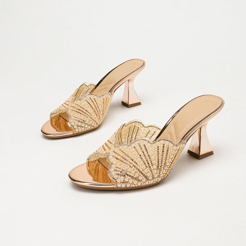 New Summer Women's High-Heeled Sandals Elaborate Rhinestone Fan-Shaped Lace & Mirror-Finish Design Perfect for Banquets