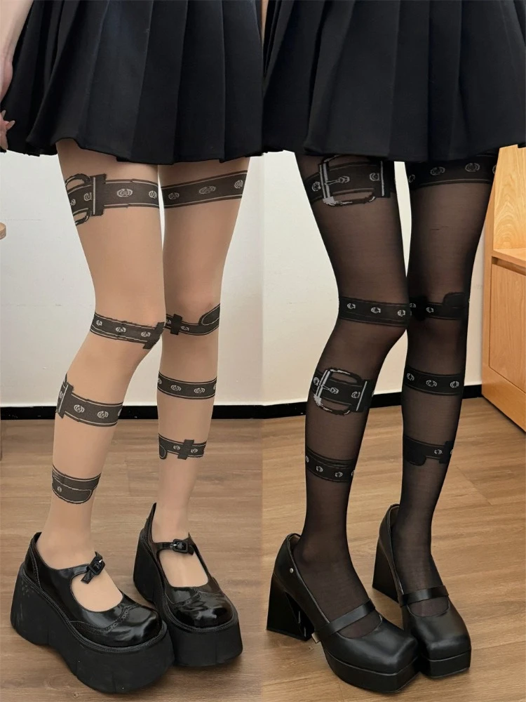 New Sexy Transparent Belt-printed Pantyhose Black Leg Loop Long Socks Gothic Punk Women Japanese Fashion Silk Tights Lingerie