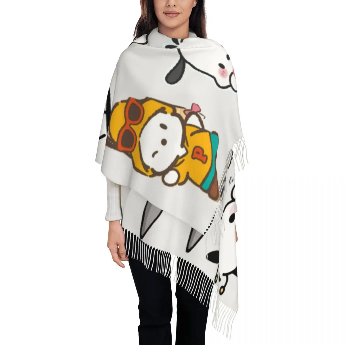 

Женский шарф с кисточками из мультфильма Pochacco на заказ, мягкая шаль, женские зимние шарфы