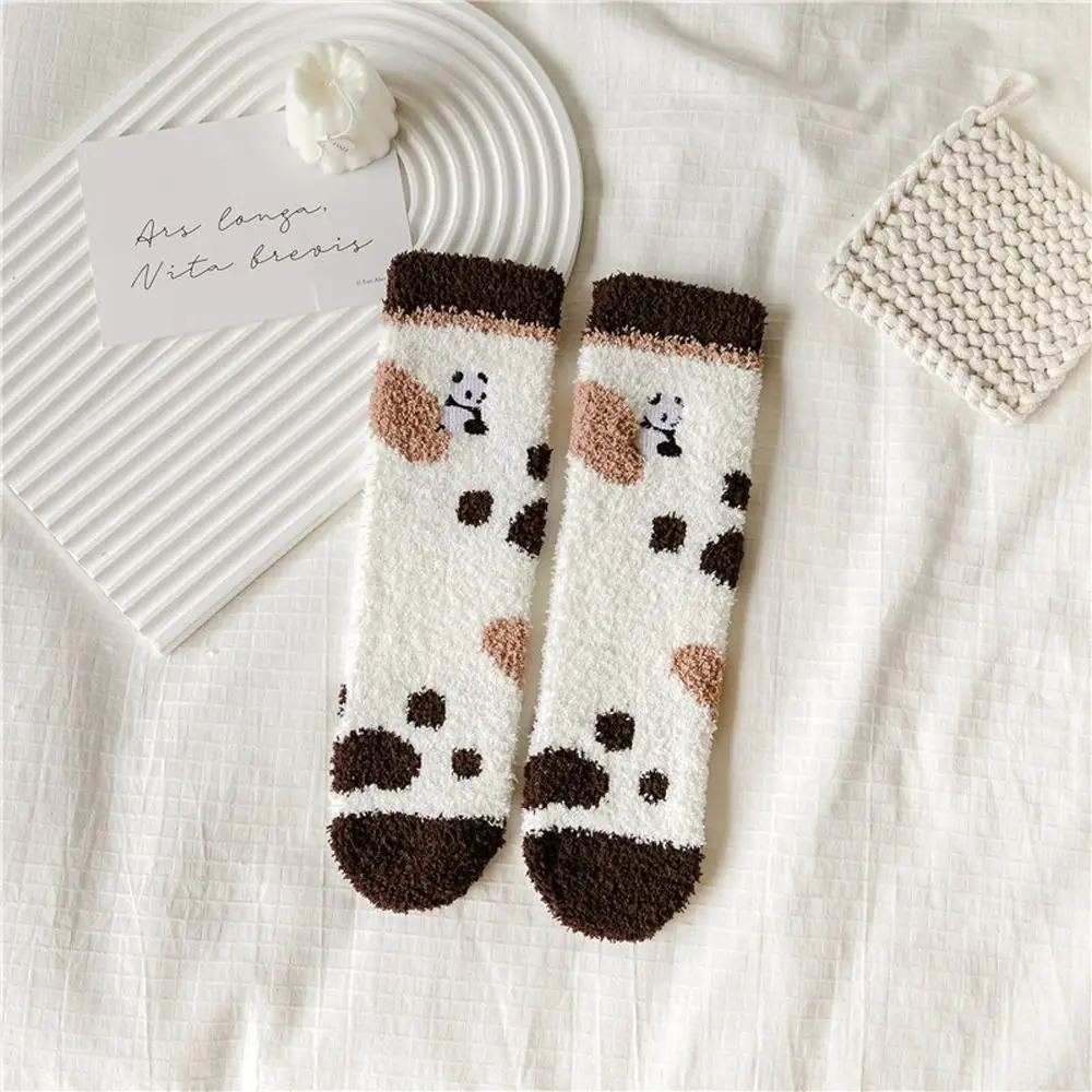 Fashion Coral Fleece Panda Embroidery Indoor Thermal Socks Lady Women Socks Autumn Winter Socks Home Sleeping Socks Floor Socks